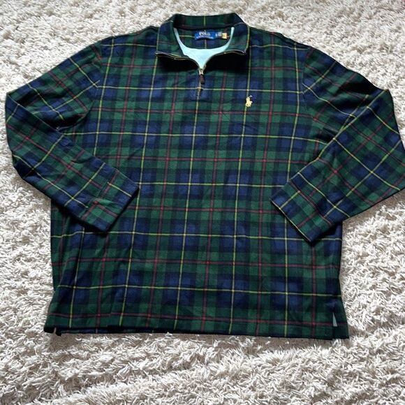 POLO RALPH LAUREN Men's Tartan Estate-Rib Cotton Quarter-Zip Pullover Sweater XL